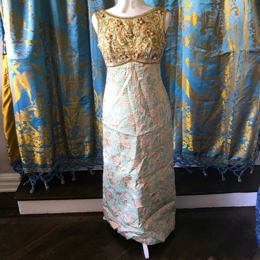 Vintage sea green gold embroidered pearls gown